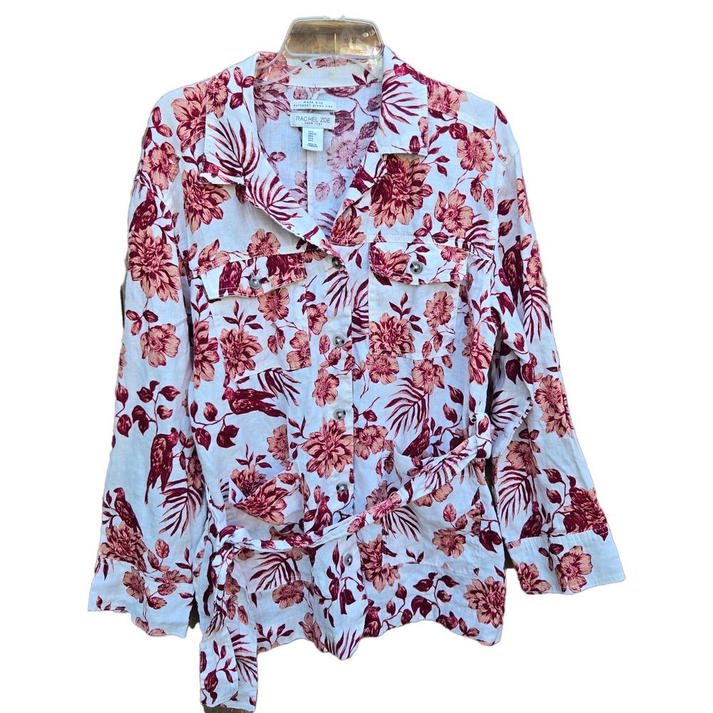 Rachel Zoe Women Large 100% Linen Floral Bird Print Utility Shirt Jacket Belted